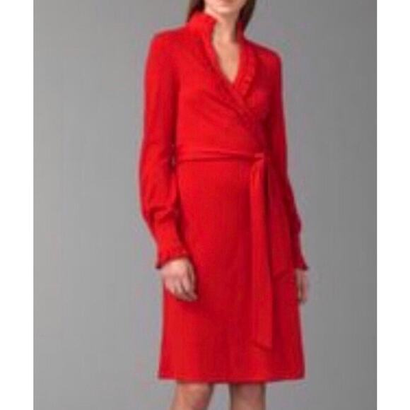 Diane von Furstenberg Volnate Wrap Dress Wool Ruffled Long Sleeve Red 6 Classic - Picture 1 of 14